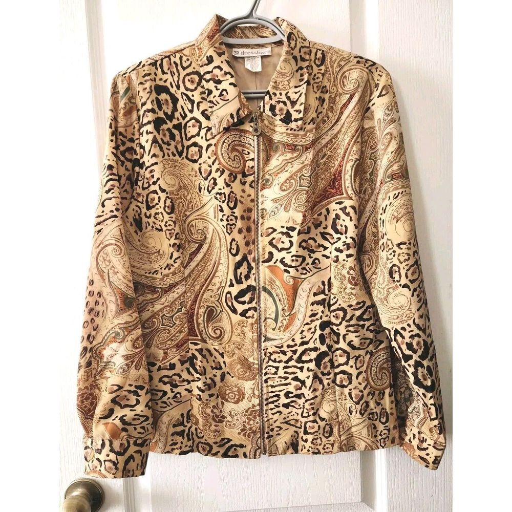 Dressbarn Womens Full Zip Jacket Blazer Lined Animal Print Lightweight Size M